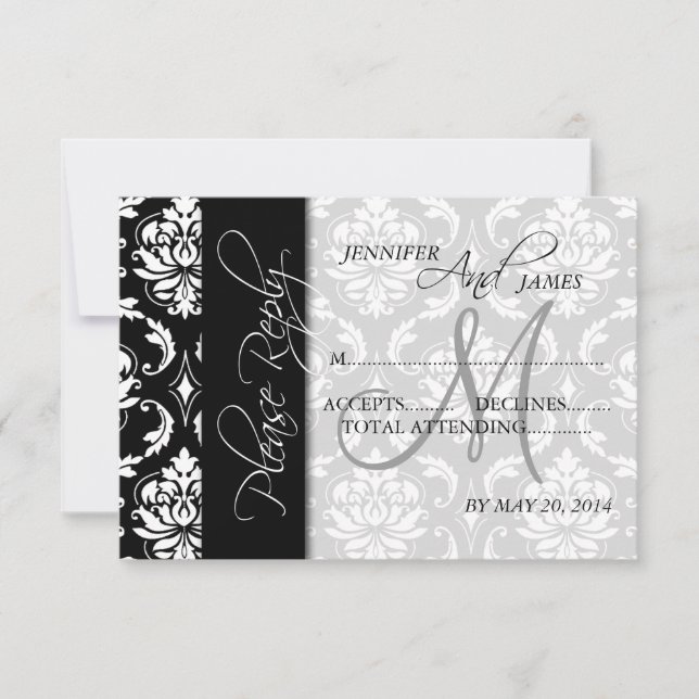 Schwarz-weiße Damask-RSVP-Karte RSVP Karte (Vorderseite)
