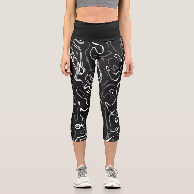 Schwarz-weiße Damaskus abstrakte Wirbel coole Must Capri Leggings (Vorderseite)