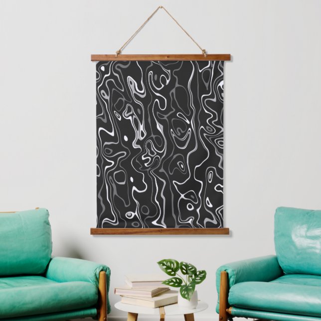 Schwarz-weiße Damaskus abstrakte Wirbel coole Must Wandteppich Mit Holzrahmen (Wohnzimmer)