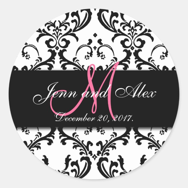 Schwarz-weiße Damaskus-Aufkleber Save the Date Runder Aufkleber (Vorderseite)