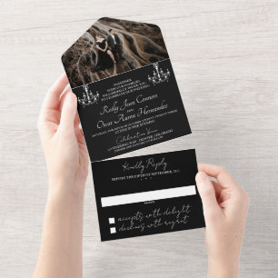 Schwarz-weiße Damast-Hochzeit All In One Einladung