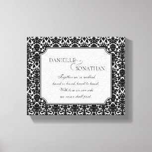 Schwarz-weiße Damast Hochzeit personalisierte Lein Leinwanddruck
