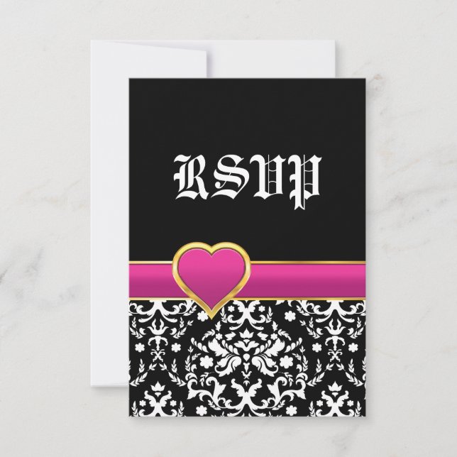 Schwarz-weiße Damast Hot-Rosa-Herzenhochzeit RSVP Karte (Vorderseite)