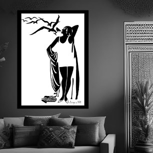 Schwarz Weiße Deco Frau Strand Champagner  Poster