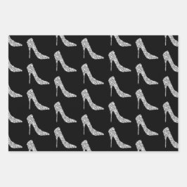 Schwarz-weiße Diamant High Heel Shoel Wedding Geschenkpapier Set