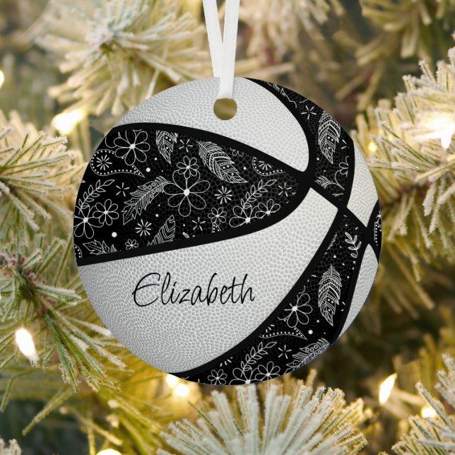 Schwarz-weiße Doodle-Blume federn Basketball Ornament Aus Metall (InSitu)