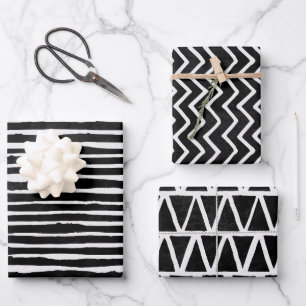 Schwarz-weiße Doodolstreifen Geschenkpapier Set