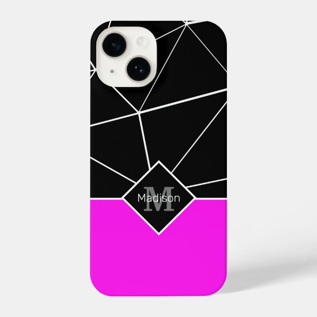 Schwarz-weiße Dreieck-Geometrie Neopink Monogramm iPhone 14 Hülle (Rückseite)
