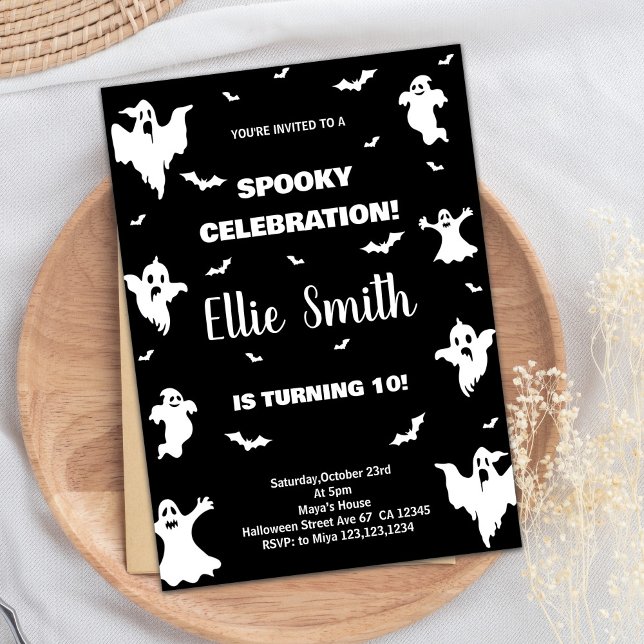 Schwarz-weiße Einladungen zu Halloween (Black White Halloween Birthday Invitations)