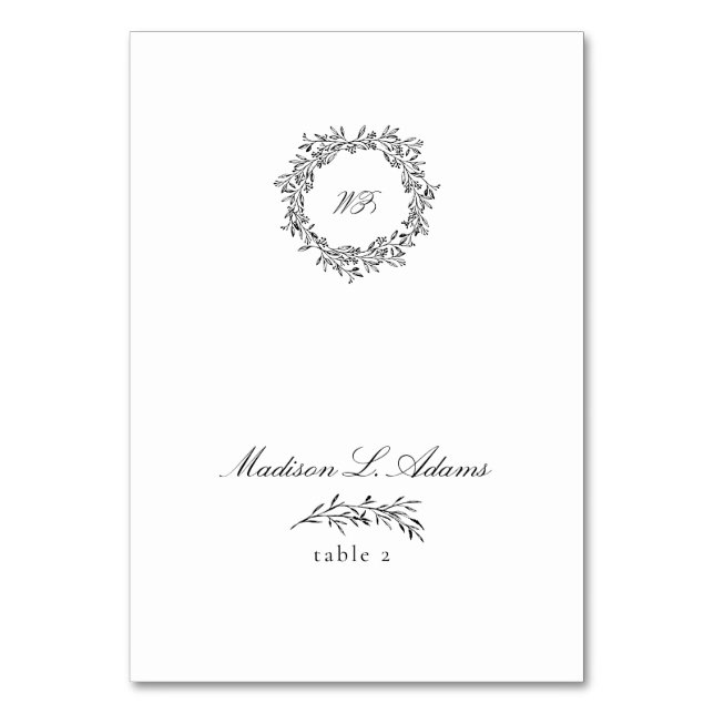 Schwarz-weiße Elegant Leaf Foldable Name Platzkart Tischnummer (Vorderseite)