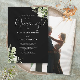 Schwarz-weiße Elegante Grüne Blätter Foto Hochzeit Einladung