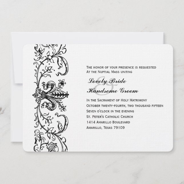 Schwarz-weiße flämische katholische Hochzeitseinla Einladung (Vorderseite)