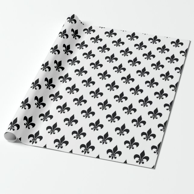 Schwarz-weiße Fleur-de-lis Geschenkpapier (Ungerollt)