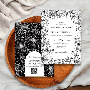 Schwarz Weiße Florale Bogen-RSVP-QR-Code-Hochzeit Einladung