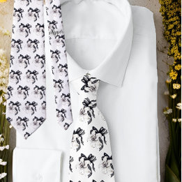 Schwarz-weiße florale botanische Lily Lace Ribbon  Krawatte