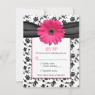 Schwarz-weiße florale Damast-Hochzeitsantwortkarte RSVP Karte