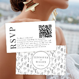 Schwarz-weiße florale Hochzeitskarten RSVP QR Begleitkarte