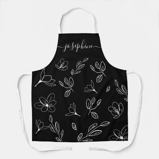 Schwarz-weiße florale Linie Modern personalisiert Schürze (Vorderseite)