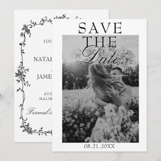 Schwarz-Weiße Florale Old Money Foto-Hochzeit Save The Date