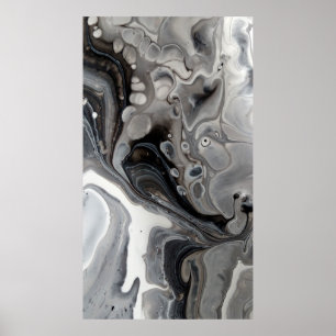 Schwarz Weiße Flüssige Marmor Abstract Grau Silber Poster