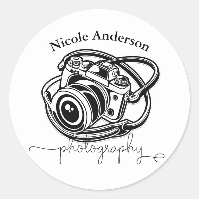 Schwarz-weiße Fotografiekamera-Logo Grafik Runder Aufkleber (Vorderseite)