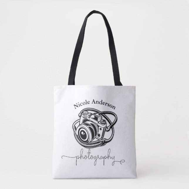 Schwarz-weiße Fotografiekamera-Logo Grafik Tasche (Vorderseite)
