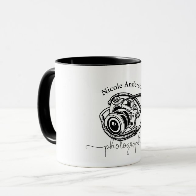 Schwarz-weiße Fotografiekamera-Logo Grafik Tasse (Vorderseite Links)