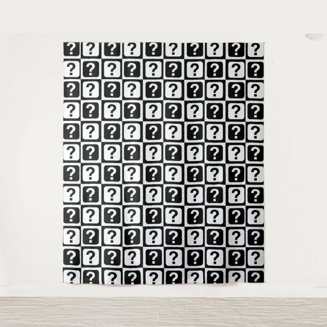 Schwarz-weiße Fragezeichen-Riddle-Block-Monogramm Wandteppich (Vorderseite)