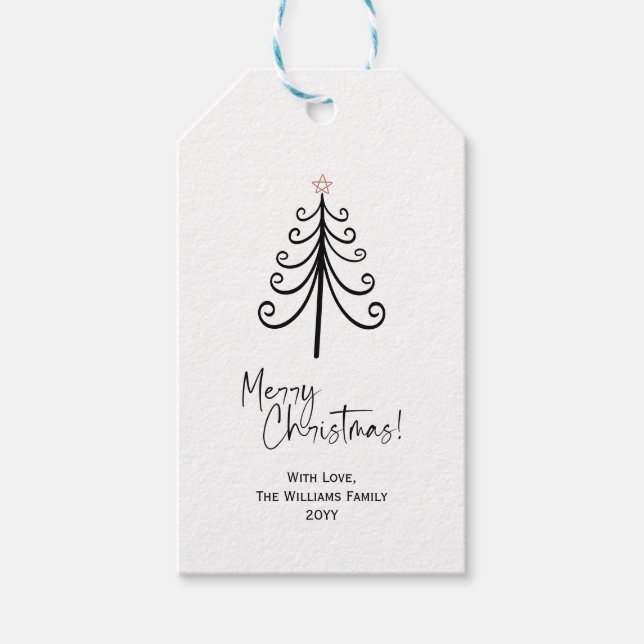 Schwarz-weiße frohe Weihnachtsbaum-Geschenktasten Geschenkanhänger (Vorderseite)