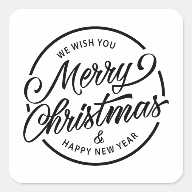 Schwarz-weiße Frohe Weihnachtskalligraphie Quadratischer Aufkleber (Vorderseite)