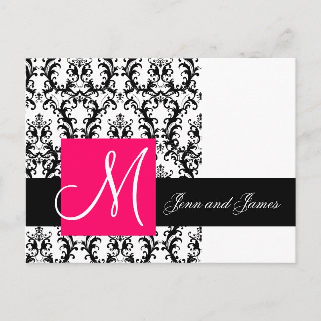 Schwarz-weiße Fuchsia Damask Hochzeitsankündigung Ankündigungspostkarte (Vorderseite)