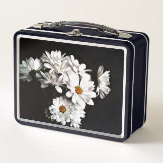 Schwarz-weiße Gänseblümchen-Blumen-Lunchbox Metall Brotdose
