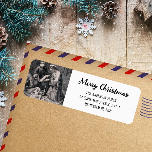 Schwarz-weiße Geburt Christlich katholische Weihna (Black and White Simple Modern Nativity Scene Religious Christian Catholic Christmas Address Label)