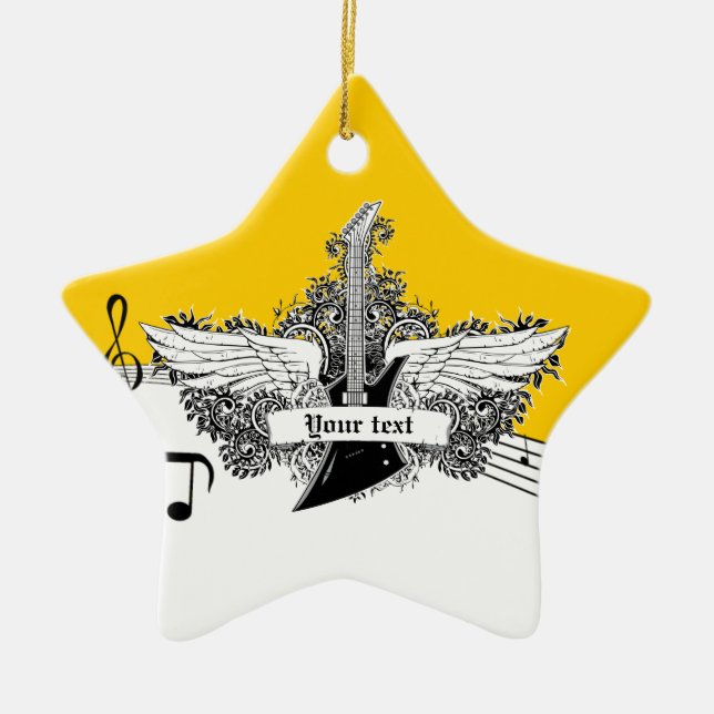 Schwarz-weiße gelbe Gitarre mit Flügeln Keramik Ornament (Vorne)