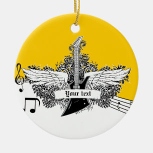 Schwarz-weiße gelbe Gitarre mit Flügeln Keramik Ornament