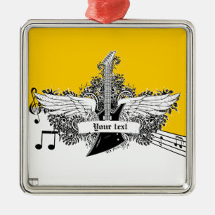 Schwarz-weiße gelbe Gitarre mit Flügeln Silbernes Ornament