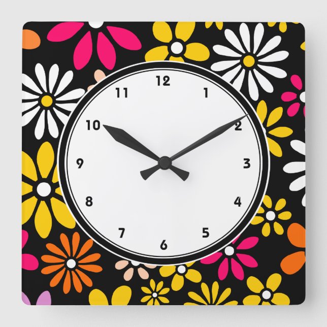 Schwarz-weiße gelbe und rosa Blume Quadratische Wanduhr (Vorderseite)