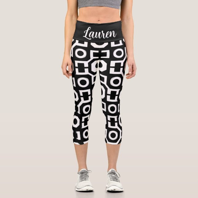 Schwarz-weiße Geometrie Hochwaisted Capris (Vorderseite)