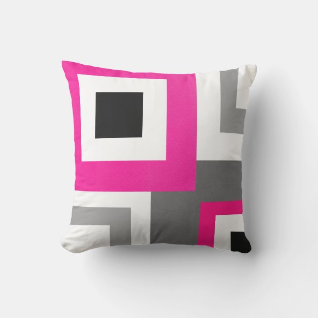 Schwarz-weiße geometrische Quadrate in Hot Pink, G Kissen (Vorderseite)