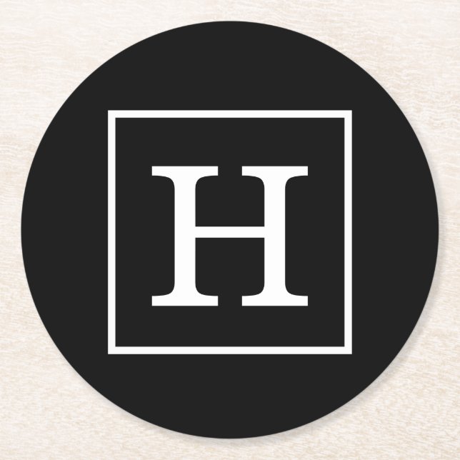 Schwarz-weiße Gerahmte Initialmonogramm Runder Pappuntersetzer (Vorderseite)