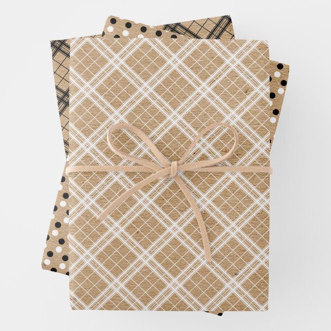 Schwarz-weiße Gingham-Punkte auf Imitate Brown Kra Geschenkpapier Set (Beispiel)