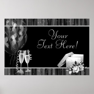 Schwarz-weiße Glitzern Champagne Party Banner Poster