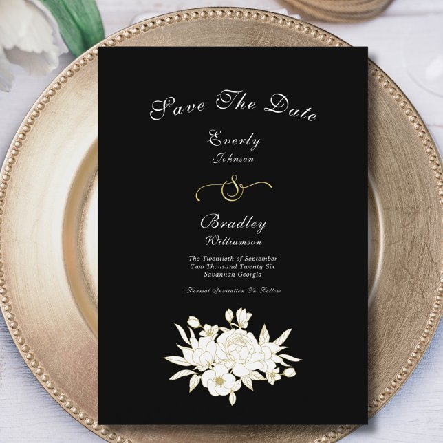Schwarz-weiße Gold Floral Rose Elegant Traditionel Save The Date (Von Creator hochgeladen)