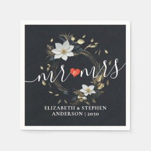 Schwarz-weiße Gold Floral Wreath Wedding Liebe Dan Serviette
