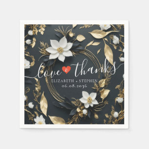Schwarz-weiße Gold Floral Wreath Wedding Liebe Dan Serviette