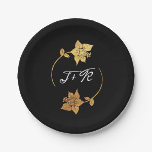 Schwarz-weiße Golden Ring Monogram Initialen flora Pappteller