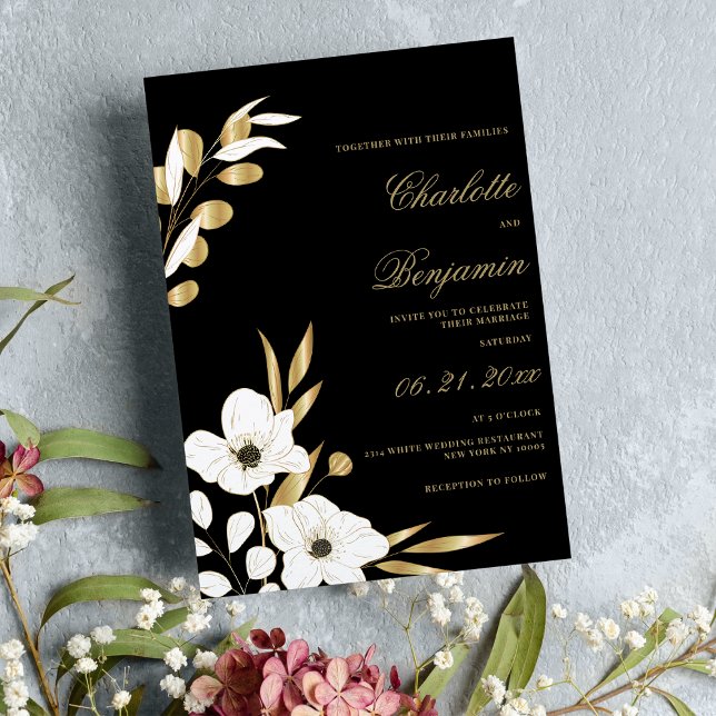 Schwarz-weiße goldfarbene, elegante Blumenhochzeit Einladung (Black white gold elegant luxury floral wedding )