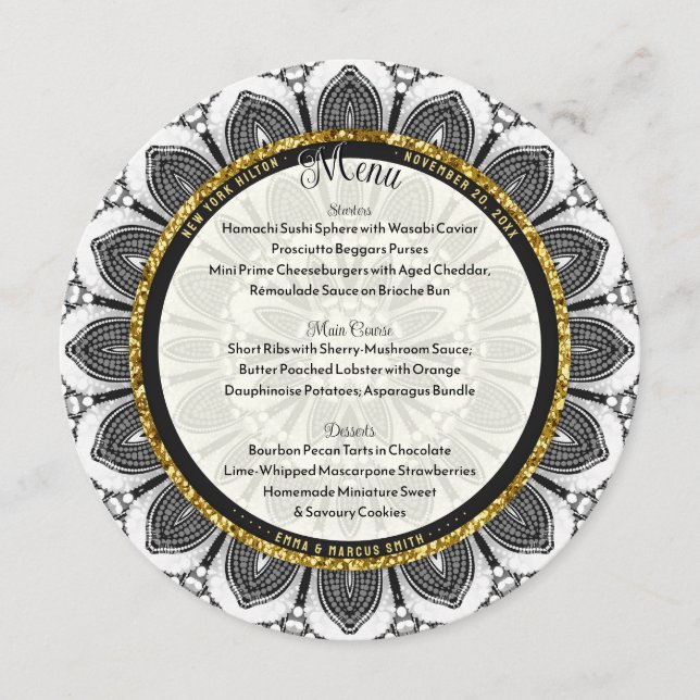 Schwarz-weiße Goldhochzeit Mandala Runde Menükarte (Vorderseite)