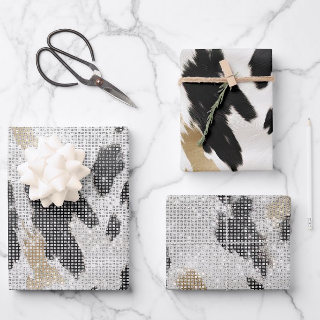 Schwarz-weiße Goldkühe Geschenkpapier Set (Vorderseite)