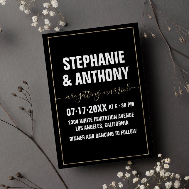 Schwarz-weiße Goldschrift Einladung (Black white gold bold script typography wedding)
